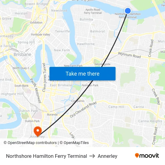 Northshore Hamilton Ferry Terminal to Annerley map
