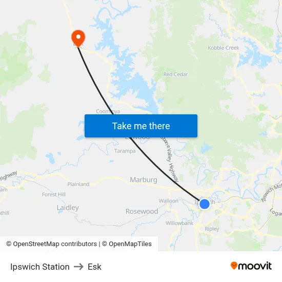 Ipswich Station to Esk map