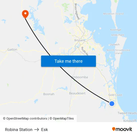Robina Station to Esk map