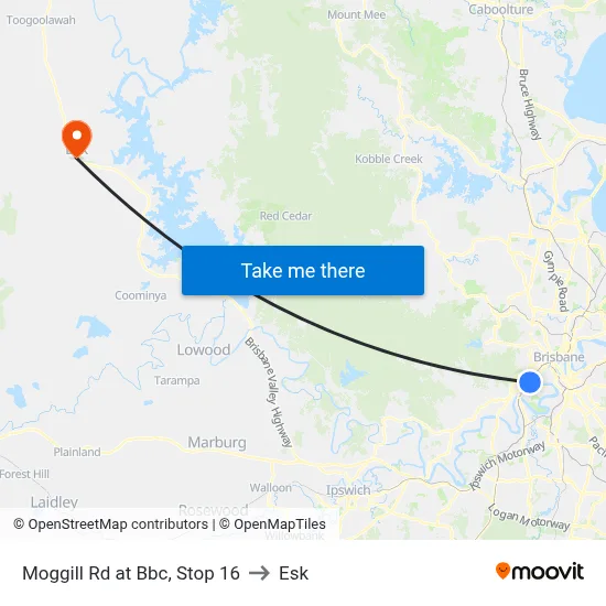 Moggill Rd at Bbc, Stop 16 to Esk map