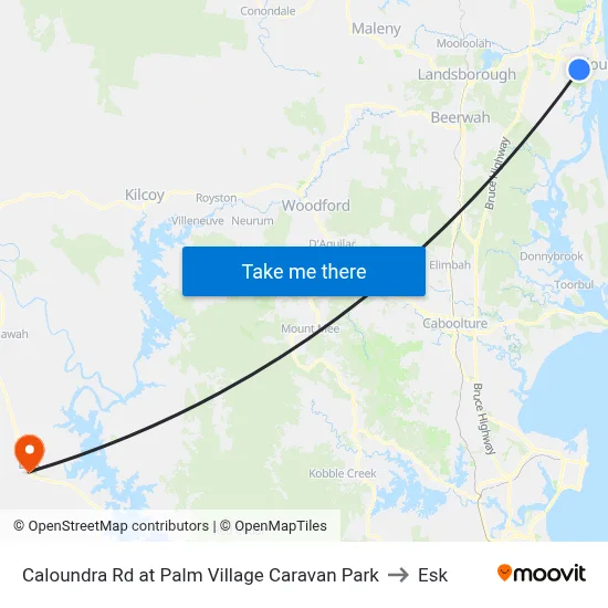 Caloundra Rd at Palm Village Caravan Park to Esk map