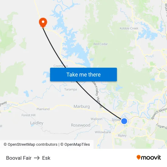 Booval Fair to Esk map