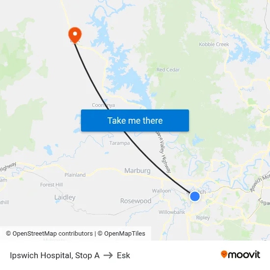 Ipswich Hospital, Stop A to Esk map