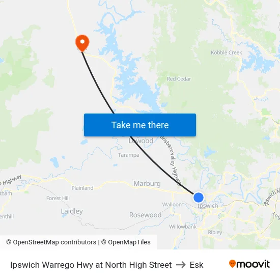 Ipswich Warrego Hwy at North High Street to Esk map