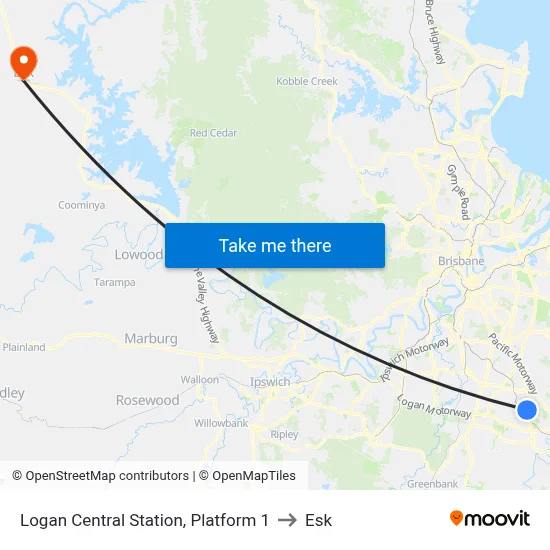 Logan Central Station, Platform 1 to Esk map