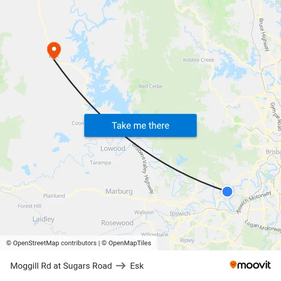 Moggill Rd at Sugars Road to Esk map