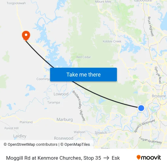Moggill Rd at Kenmore Churches, Stop 35 to Esk map