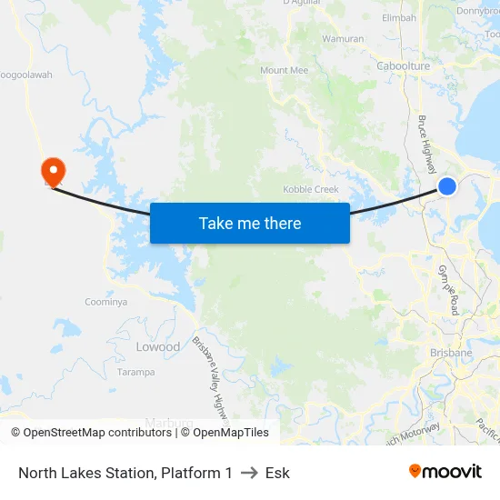North Lakes Station, Platform 1 to Esk map