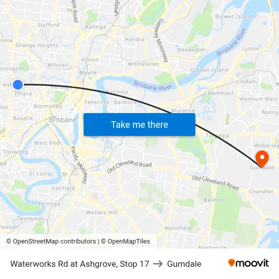 Waterworks Rd at Ashgrove, Stop 17 to Gumdale map