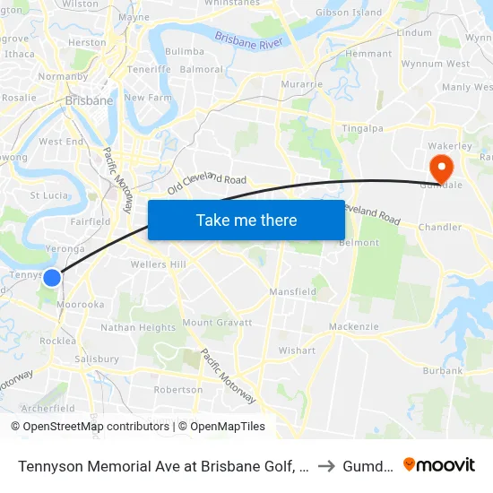 Tennyson Memorial Ave at Brisbane Golf, Stop 36 to Gumdale map