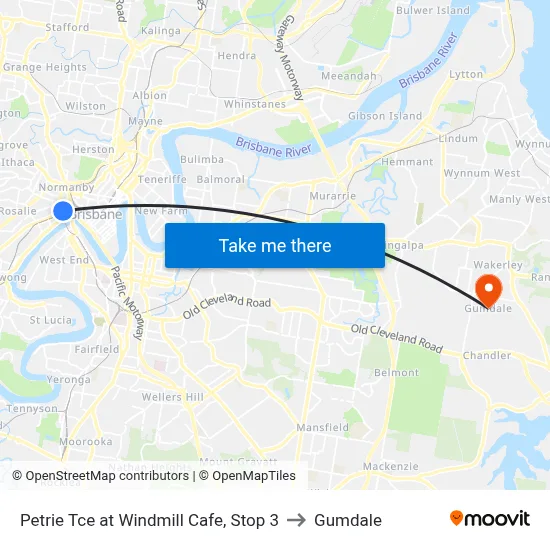 Petrie Tce at Windmill Cafe, Stop 3 to Gumdale map