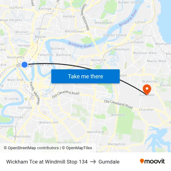 Wickham Tce at Windmill Stop 134 to Gumdale map