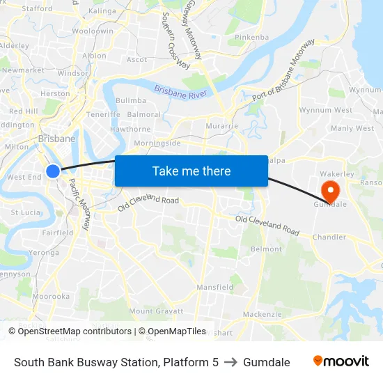 South Bank Busway Station, Platform 5 to Gumdale map