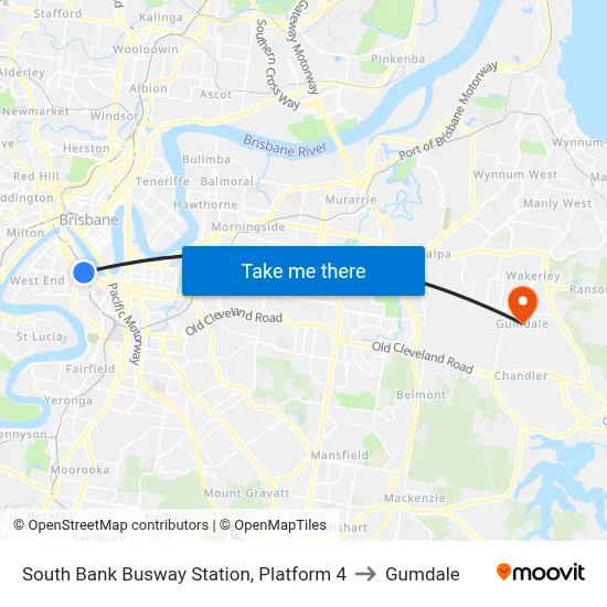 South Bank Busway Station, Platform 4 to Gumdale map