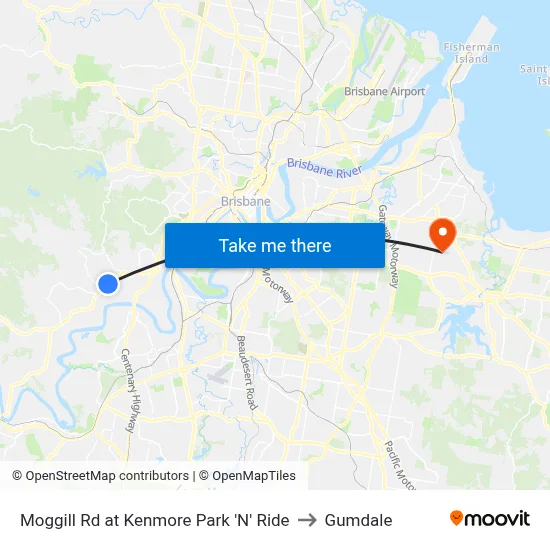 Moggill Rd at Kenmore Park 'N' Ride to Gumdale map