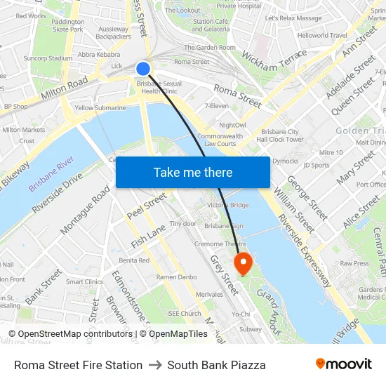 Roma Street Fire Station to South Bank Piazza map