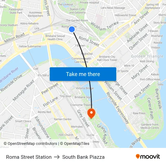 Roma Street Station to South Bank Piazza map