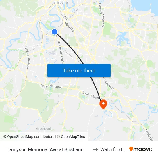 Tennyson Memorial Ave at Brisbane Golf, Stop 36 to Waterford West map