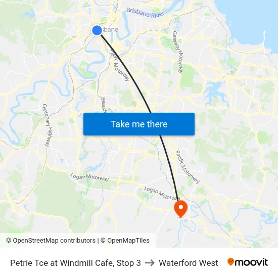 Petrie Tce at Windmill Cafe, Stop 3 to Waterford West map