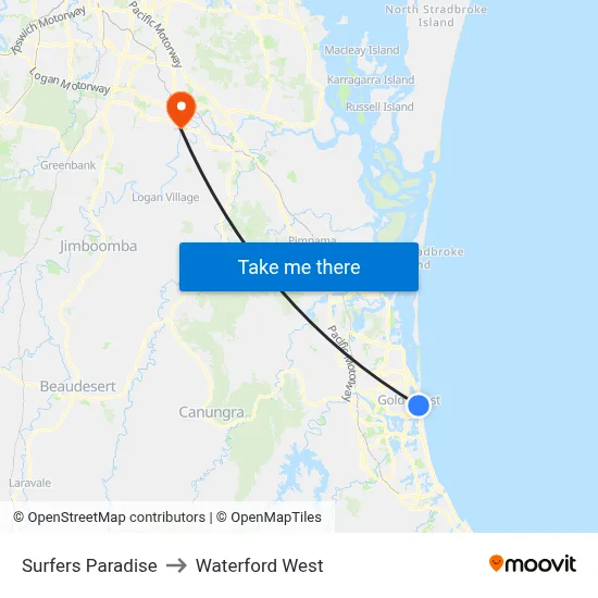 Surfers Paradise to Waterford West map