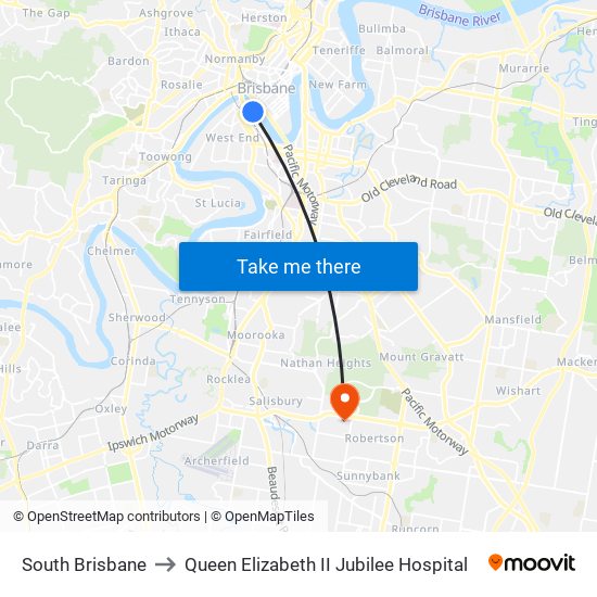 South Brisbane to Queen Elizabeth II Jubilee Hospital map