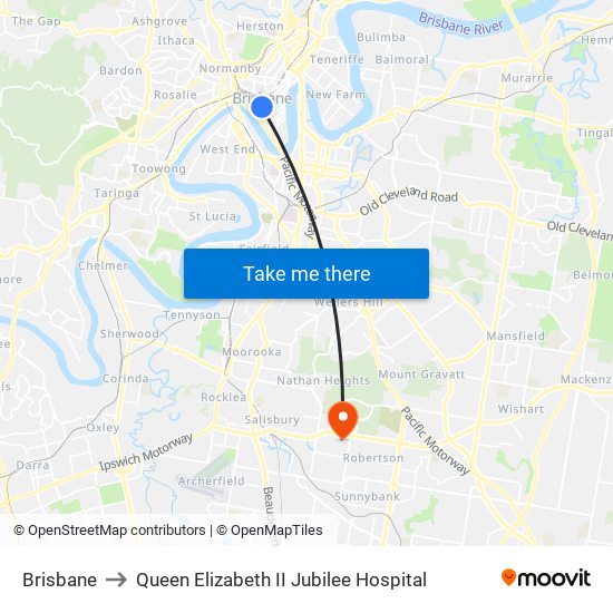 Brisbane to Queen Elizabeth II Jubilee Hospital map
