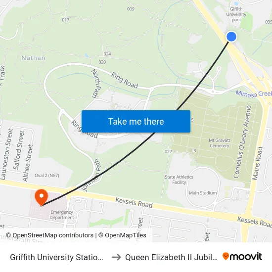 Griffith University Station, Platform 2 to Queen Elizabeth II Jubilee Hospital map