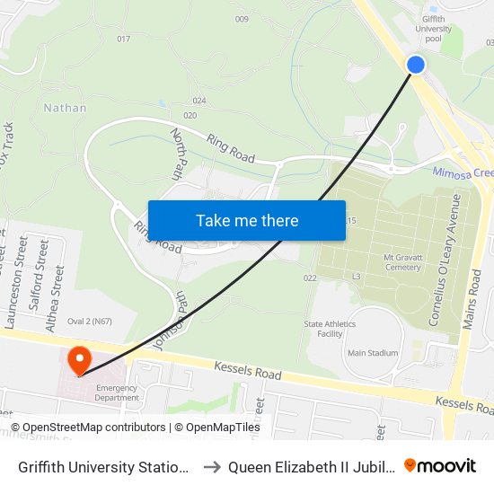 Griffith University Station, Platform 1 to Queen Elizabeth II Jubilee Hospital map