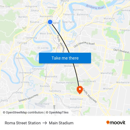 Roma Street Station to Main Stadium map