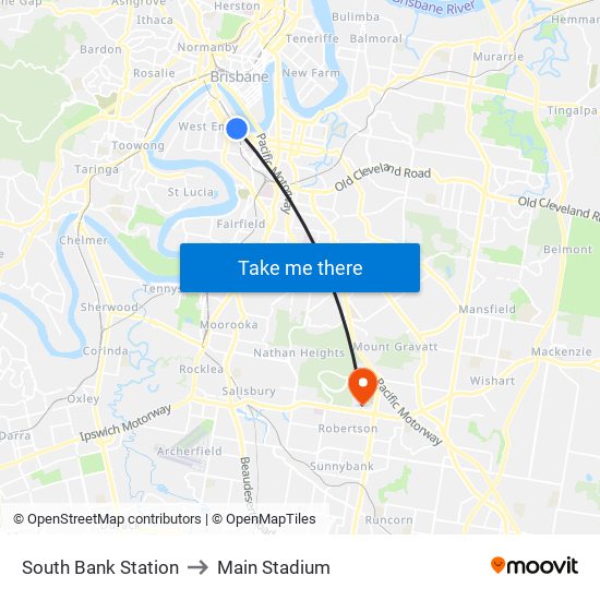 South Bank Station to Main Stadium map