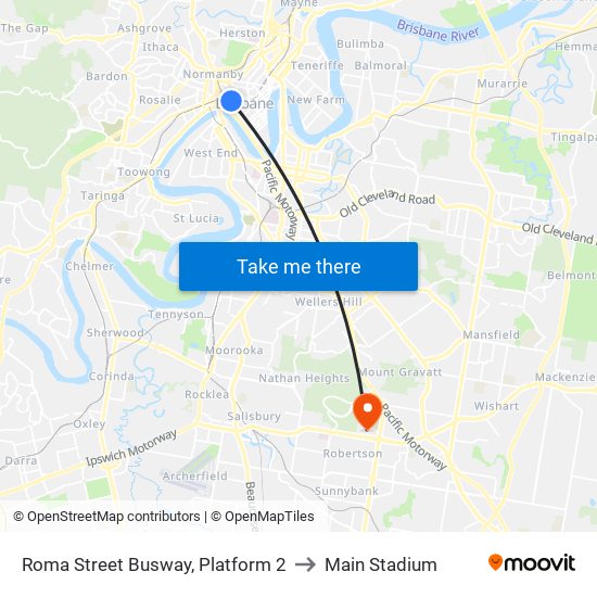 Roma Street Busway, Platform 2 to Main Stadium map