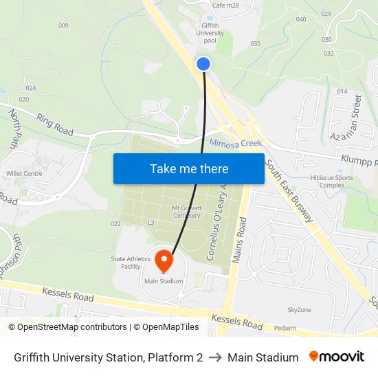 Griffith University Station, Platform 2 to Main Stadium map
