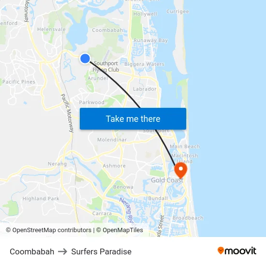 Coombabah to Surfers Paradise map