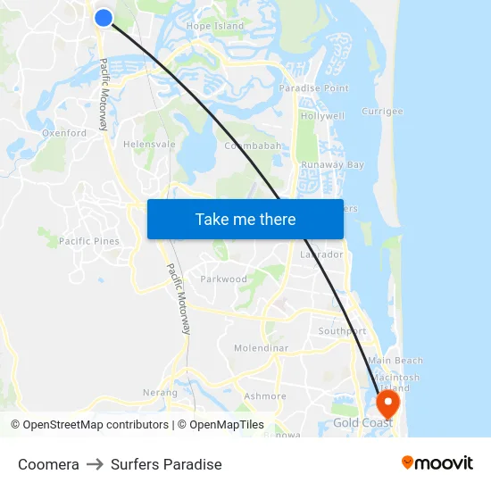 Coomera to Surfers Paradise map