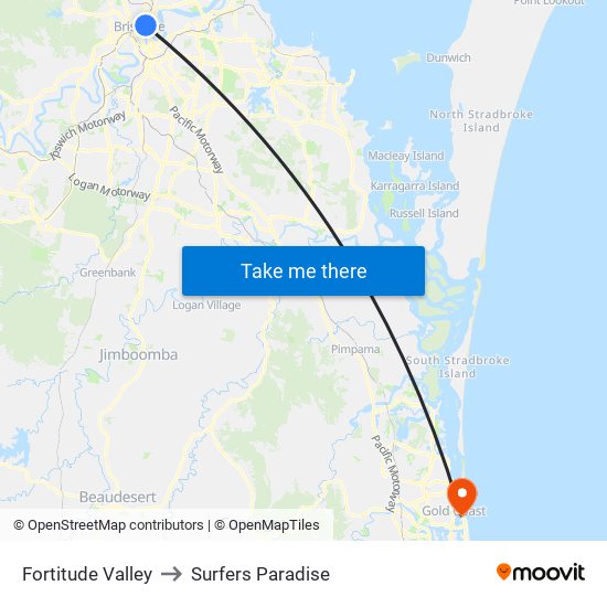 Fortitude Valley to Surfers Paradise map