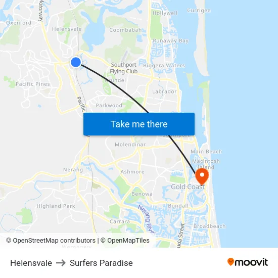 Helensvale to Surfers Paradise map