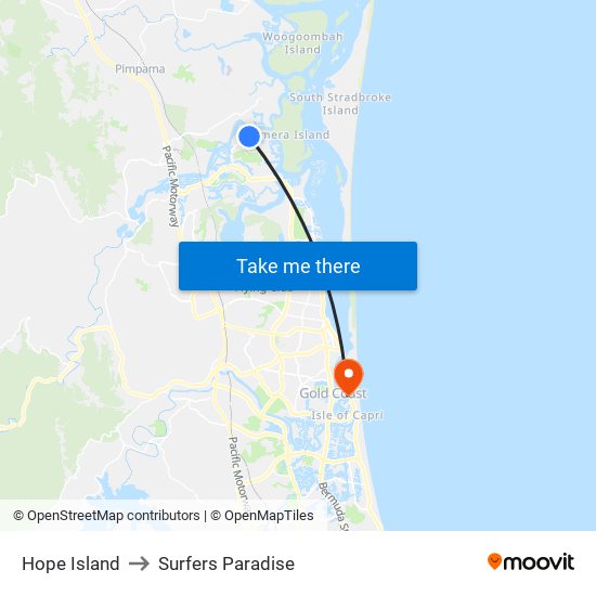 Hope Island to Surfers Paradise map