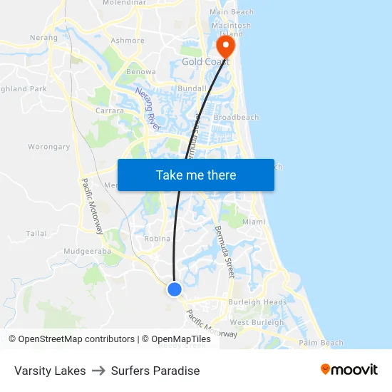 Varsity Lakes to Surfers Paradise map