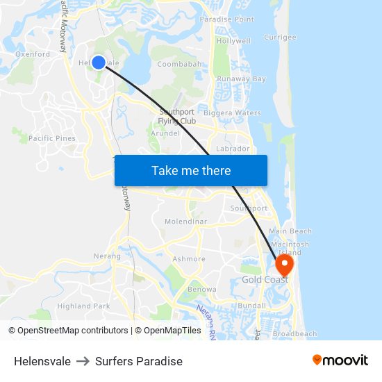 Helensvale to Surfers Paradise map