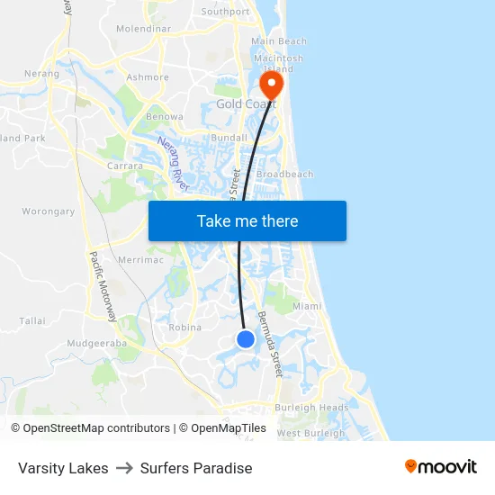 Varsity Lakes to Surfers Paradise map