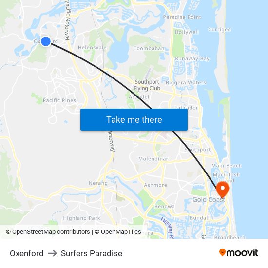 Oxenford to Surfers Paradise map