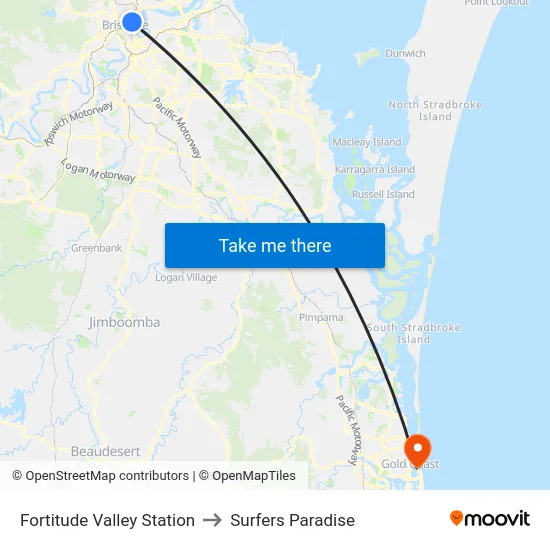 Fortitude Valley Station to Surfers Paradise map