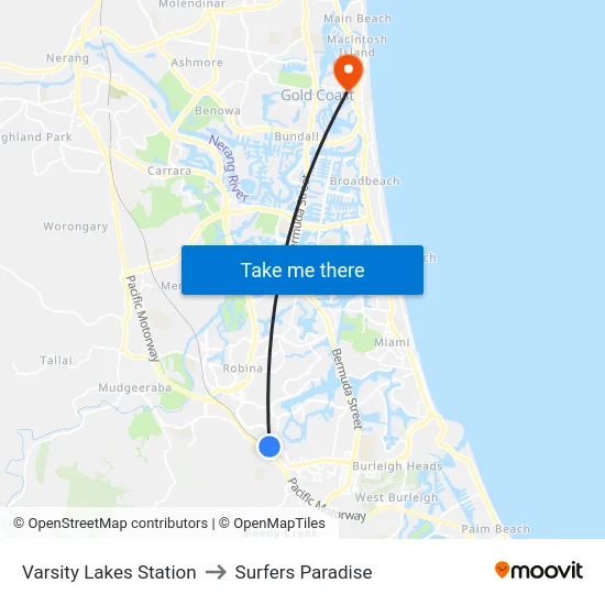 Varsity Lakes Station to Surfers Paradise map
