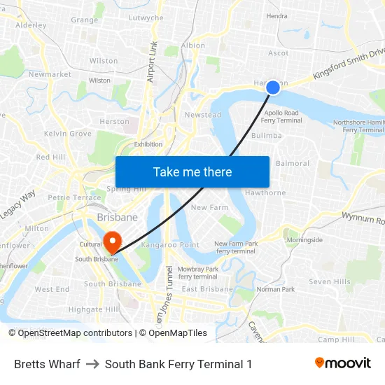 Bretts Wharf to South Bank Ferry Terminal 1 map