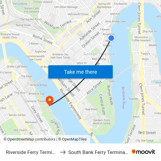 Riverside Ferry Terminal to South Bank Ferry Terminal 1 map
