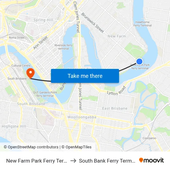 New Farm Park Ferry Terminal to South Bank Ferry Terminal 1 map