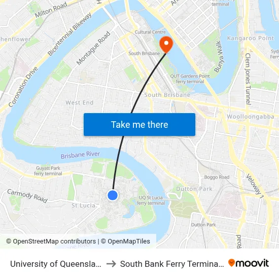 University of Queensland to South Bank Ferry Terminal 1 map