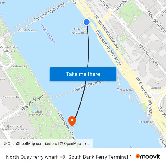 North Quay ferry wharf to South Bank Ferry Terminal 1 map