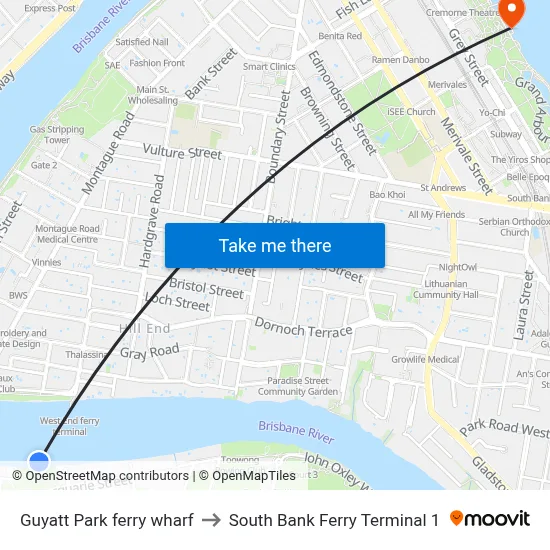 Guyatt Park ferry wharf to South Bank Ferry Terminal 1 map