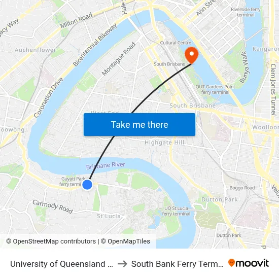 University of Queensland Union to South Bank Ferry Terminal 1 map